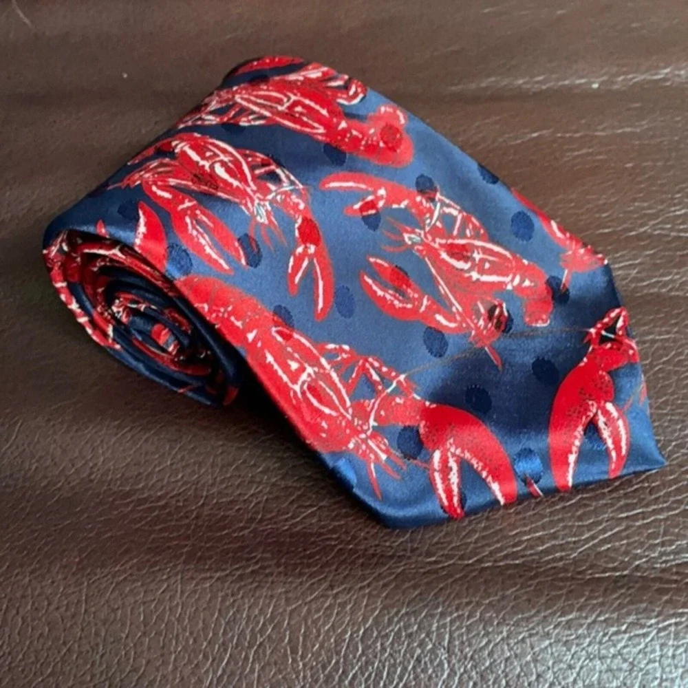 Renaissance Mens Handmade Lobster Print Silk Navy Blue Red Polka Dot Necktie Tie